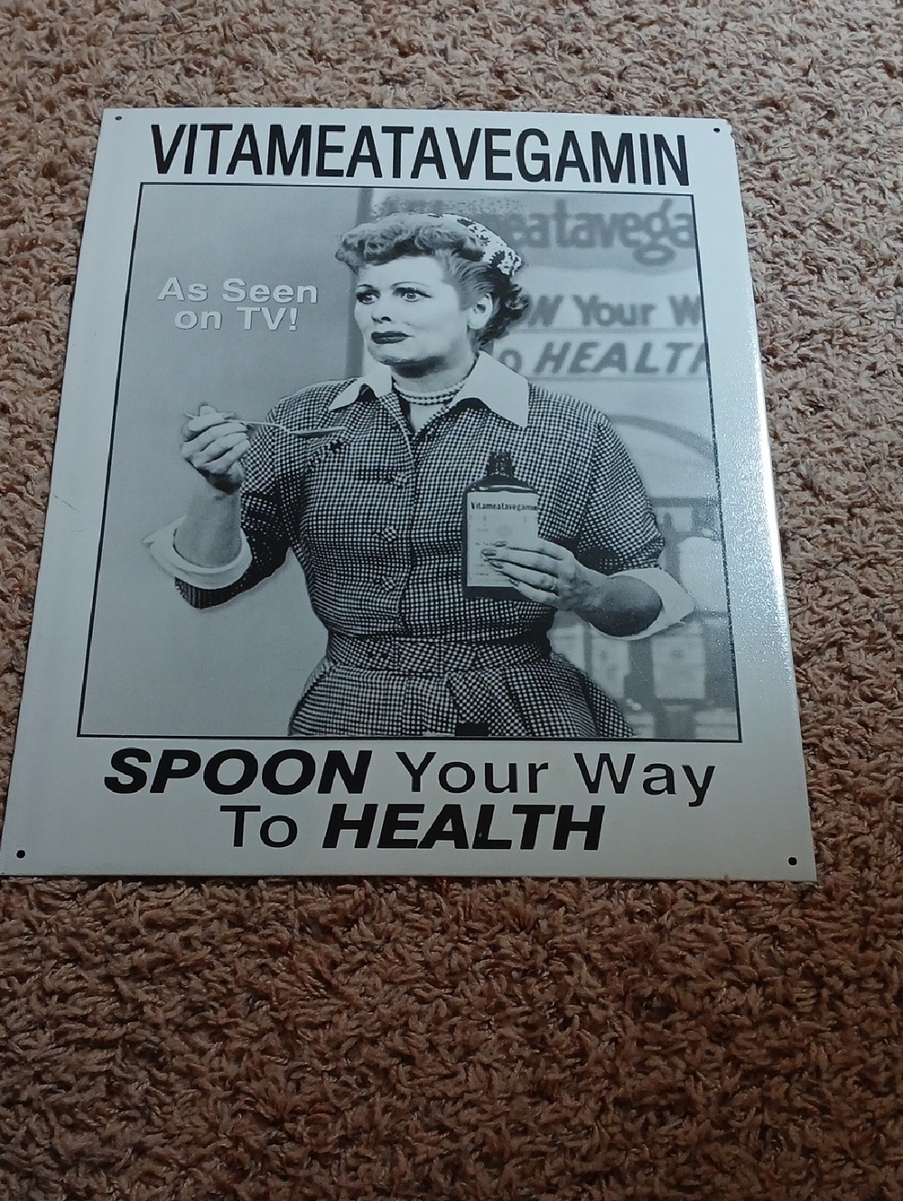 VITAMEATAVEGAMIN Retro Metal Sign with Lucy Print - Black & White